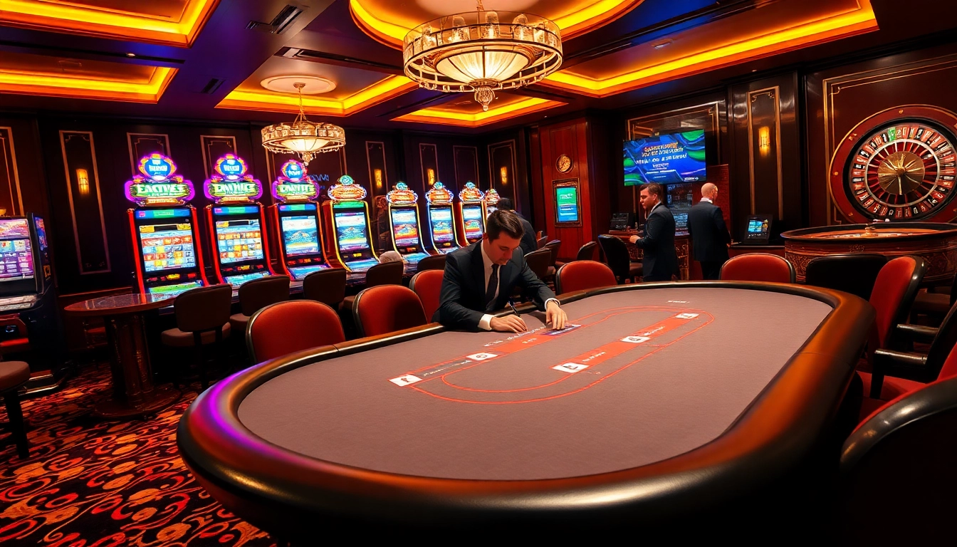 Exciting casino atmosphere featuring online gambling elements from https://new88.pet/ with poker, slot machines, and roulette.