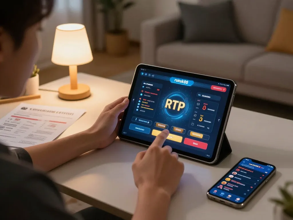 Engaging with rokok88 rtp on a tablet, showcasing a cozy home gaming environment