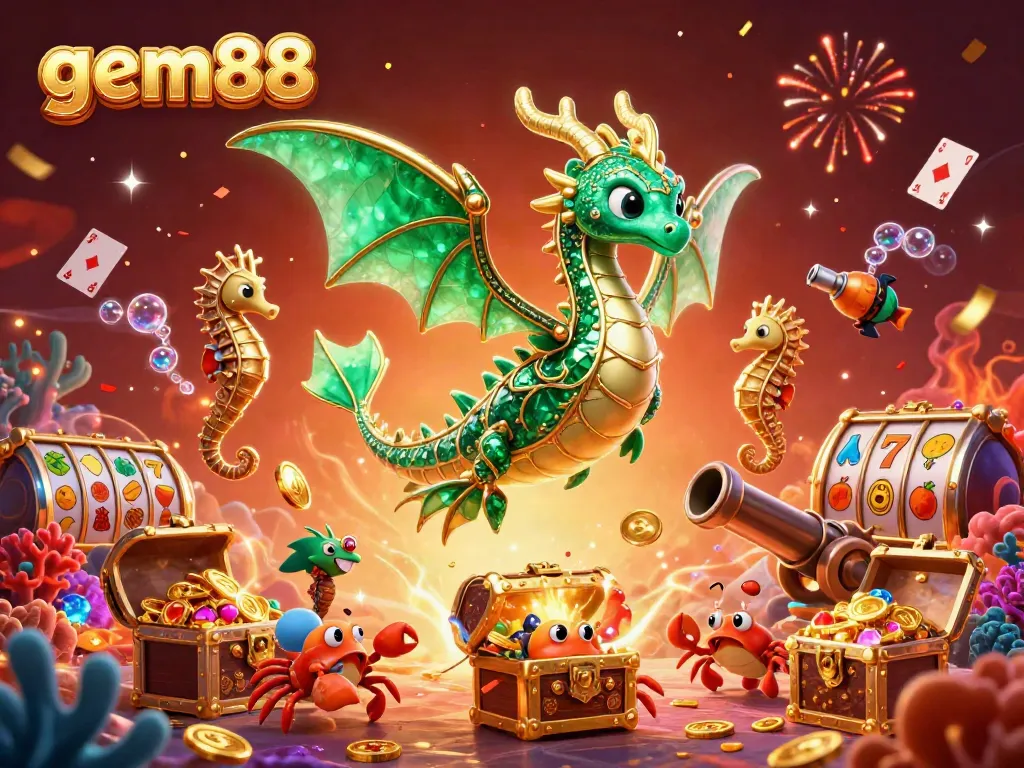 Experience winning with gem88, showcasing an exciting casino scene filled with animated characters and vibrant gaming elements.