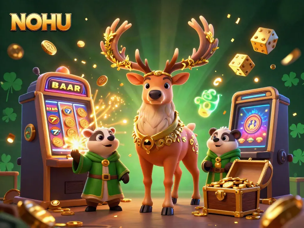 Experience the thrill of NOHU with a vibrant 3D illustration of characters and casino elements bursting with excitement.