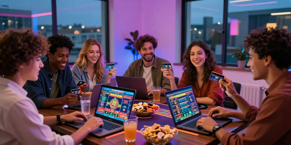 Friends enjoying a credit card casino experience at home celebrating wins, featuring https://crownwoods.org.uk in vibrant modern setup.