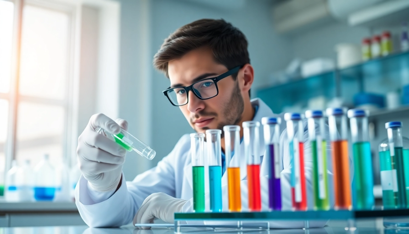 Scientist analyzing peptides solutions in a vibrant lab setting.