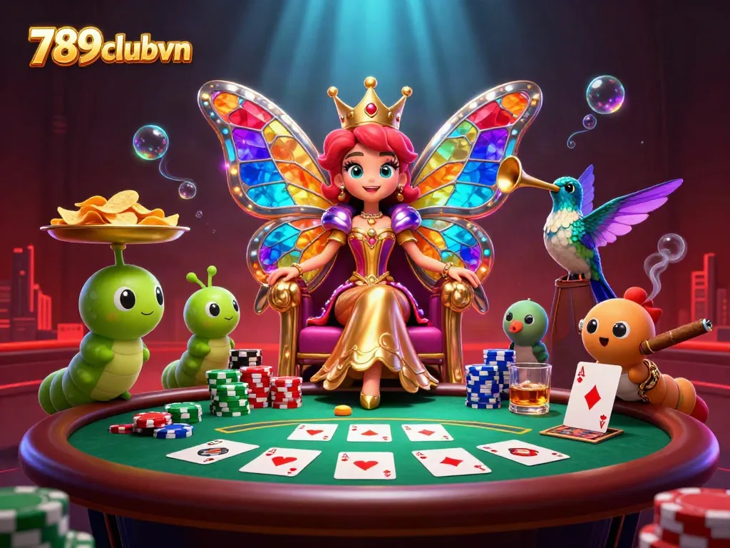 Engage with 789clubvn as a vibrant butterfly queen and poker elements create a thrilling casino atmosphere.