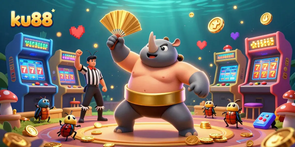 ku88 showcases a vibrant casino scene with a rhinoceros beetle champion amidst flying coins and arcade elements.