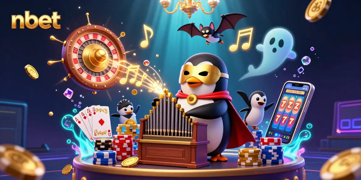 Play with nbet's exciting games amidst a lavish casino scene of dazzling characters and golden coins.