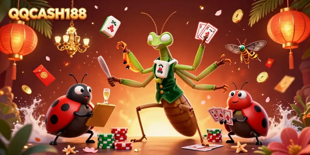 Experience the thrill at QQCASH188 casino with dynamic elements of a card sharp, pit boss, and vibrant gaming atmosphere.