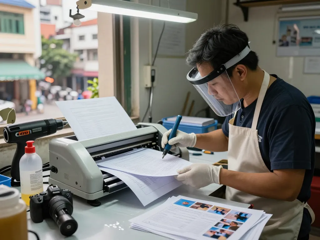 bóc giấy ép plastic process in a modern workshop in Hanoi, technician removing plastic from documents
