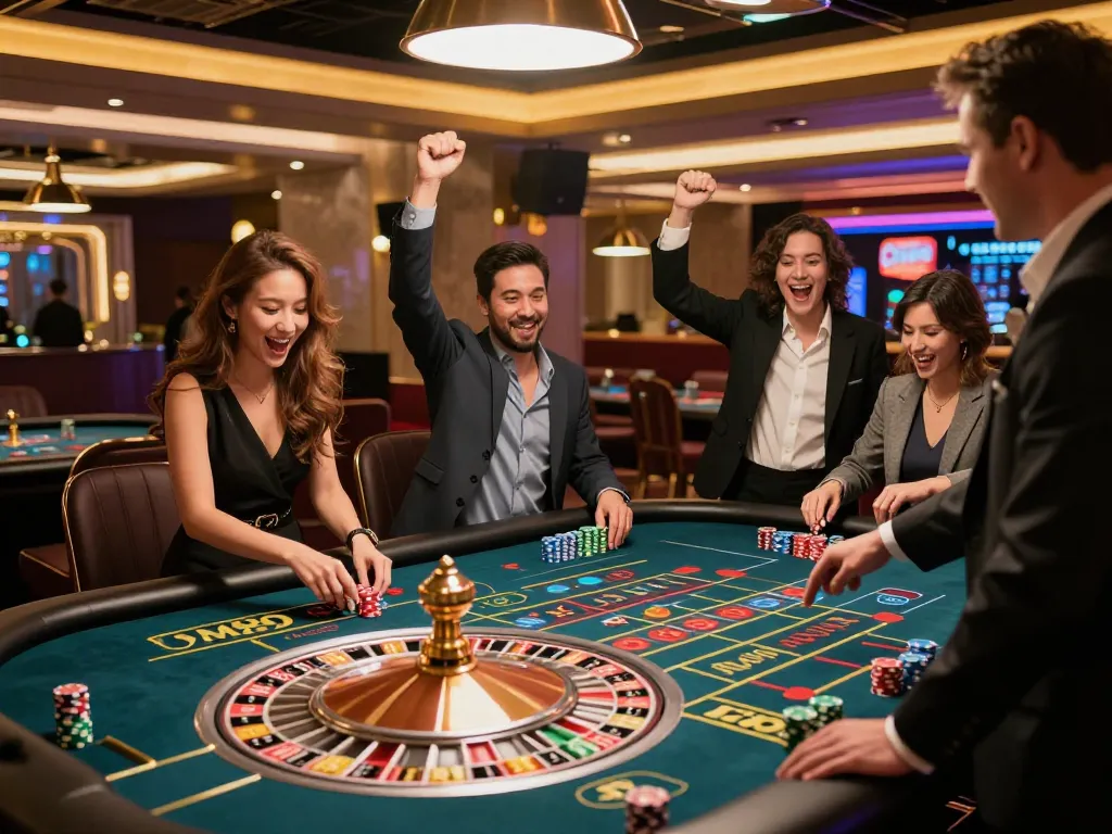 Players enjoying a thrilling roulette game at CM88 casino, celebrating wins with excitement.