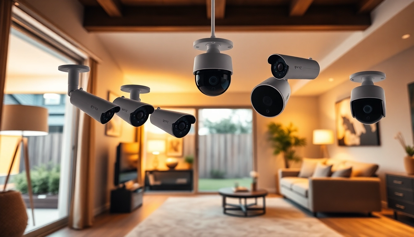Cámaras EZVIZ mostradas en una configuración moderna de seguridad del hogar, destacando diseños elegantes y tecnología inteligente.