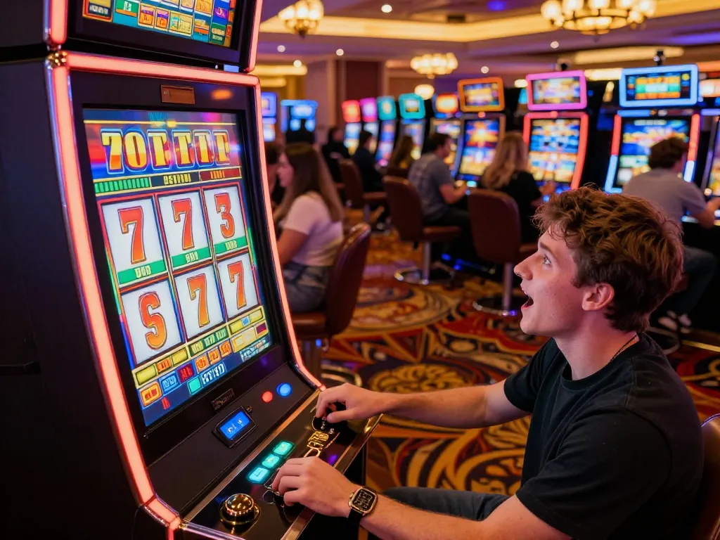 Player engaging with a vibrant slot777 machine, showcasing excitement and casino atmosphere.