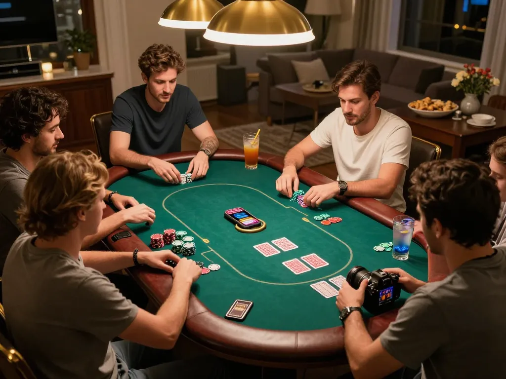 Players enjoying the game bài đổi thưởng HITCLUB at a social home poker night, with chips and cards spread across the table.