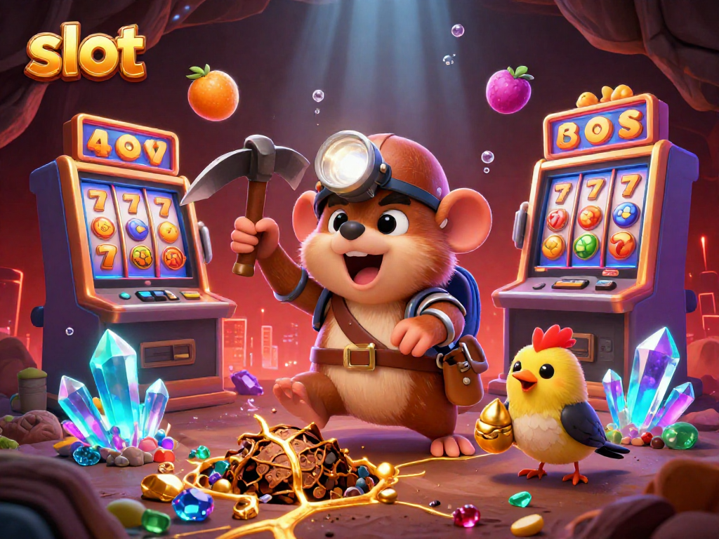 Experience thrilling slot action with a treasure hunting mole, glowing gems, and spinning reels in a vibrant cave.