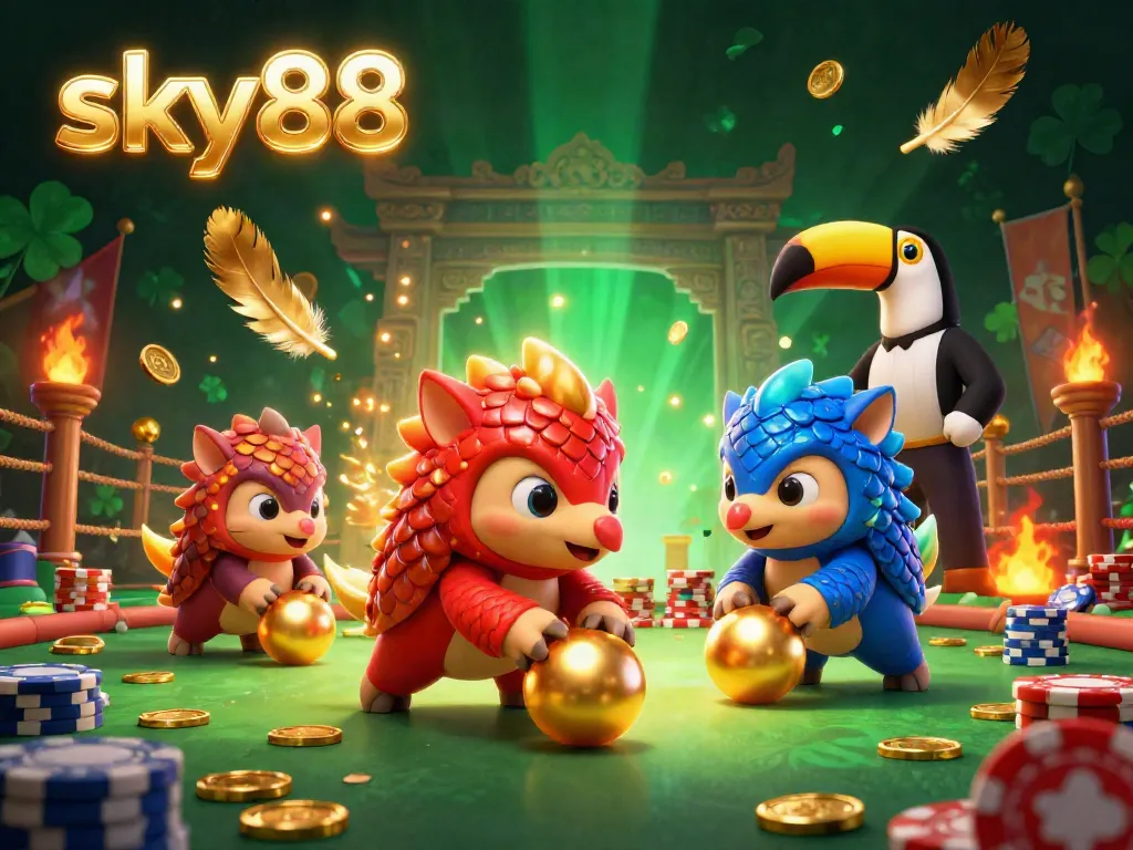 Engage in the vibrant sky88 gambling scene with rival pangolins amid golden casino chips and lively confetti.