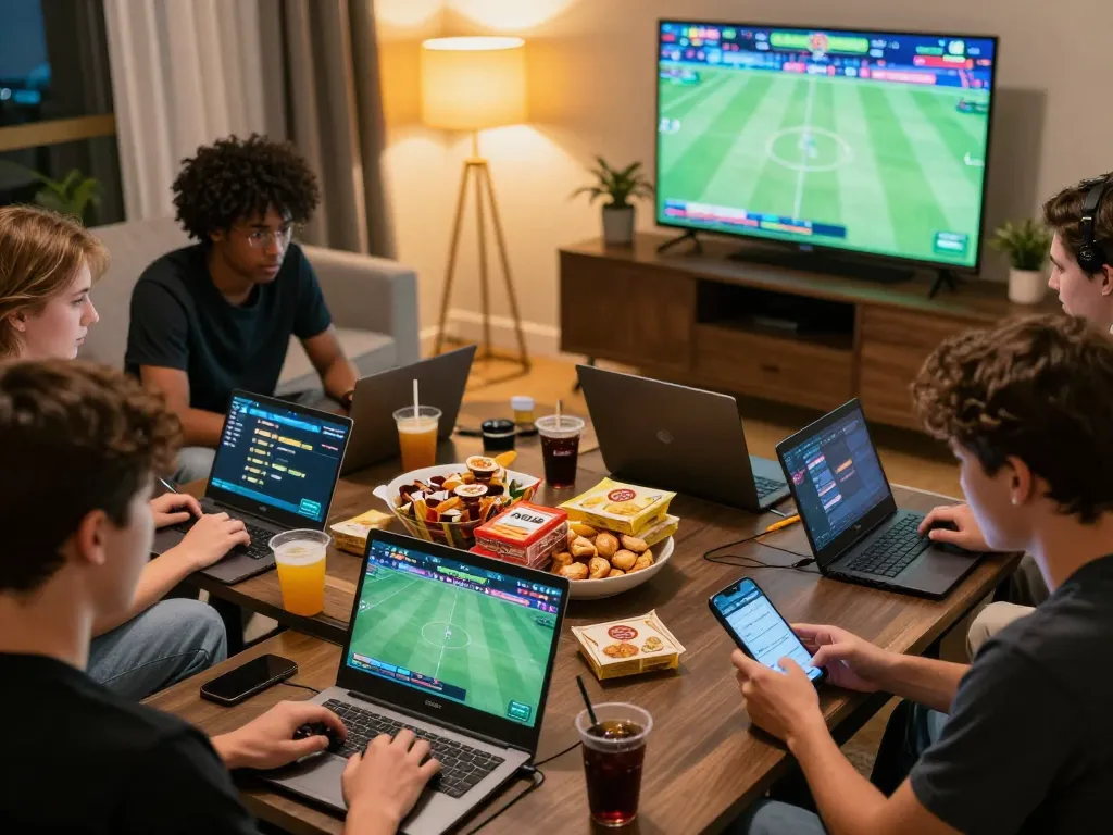 Group enjoying online betting on KO66 with snacks and sports broadcast in a lively setting