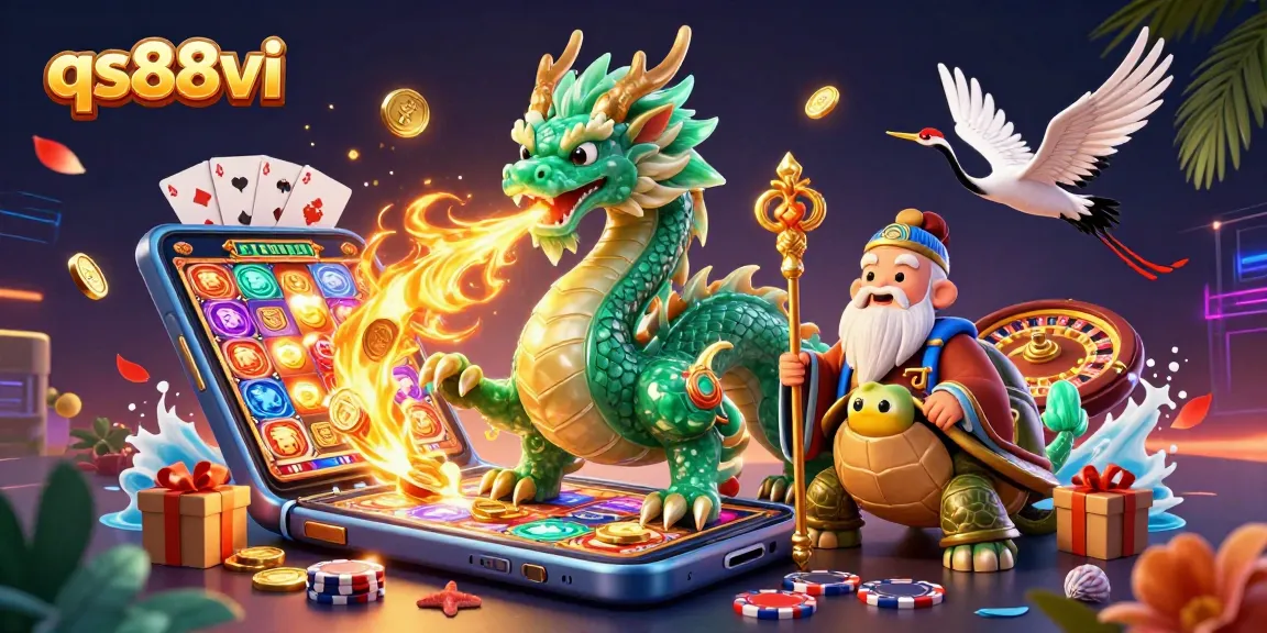 Engage with thrilling experiences at qs88vi, featuring a dynamic casino illustration with dragons and vibrant slot games.