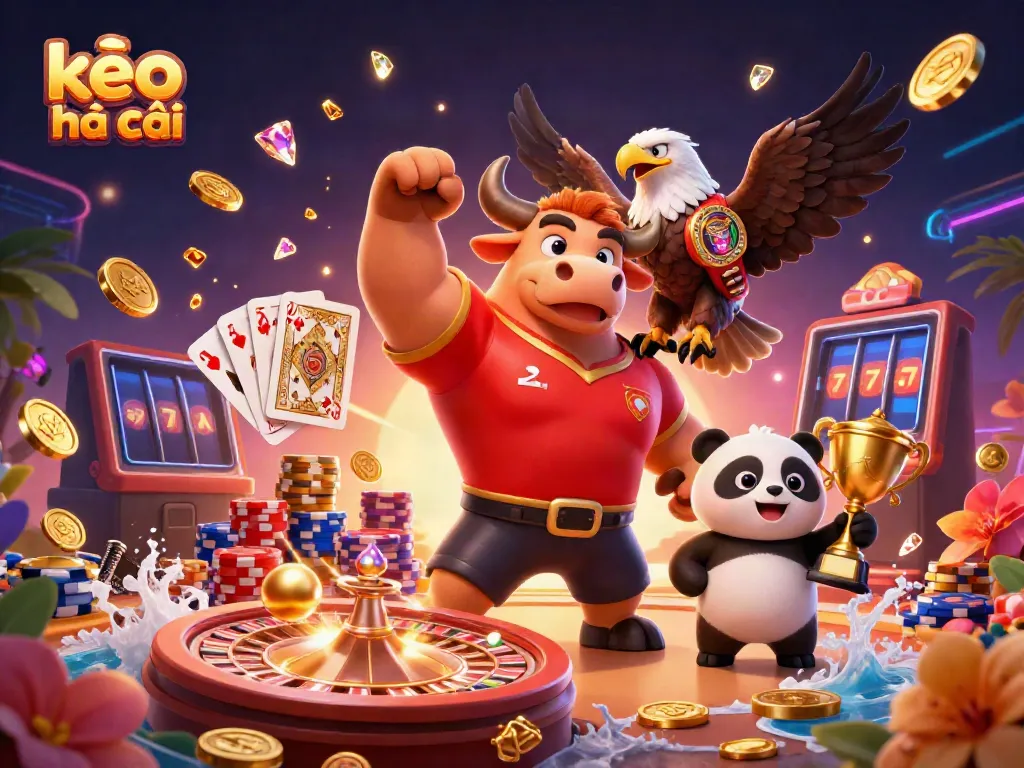 Experience thrilling wins with kèo nhà cái featuring a victorious bull mascot, eagle, and panda in a vibrant casino scene.