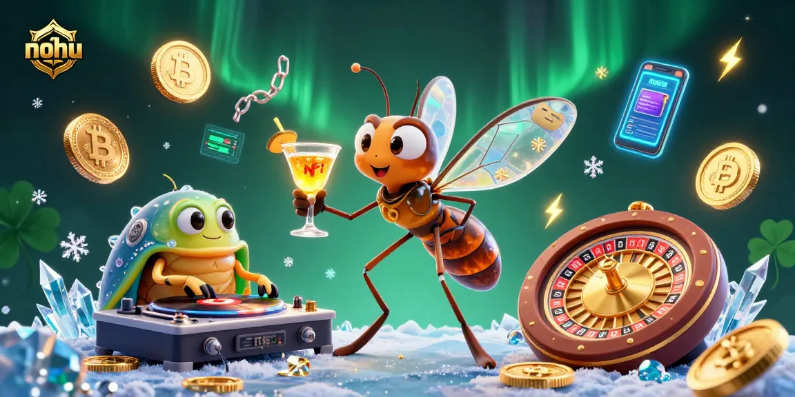 Nohu mascot bringing casino fun, featuring a frozen mosquito, trilobite DJ, and golden roulette wheel.