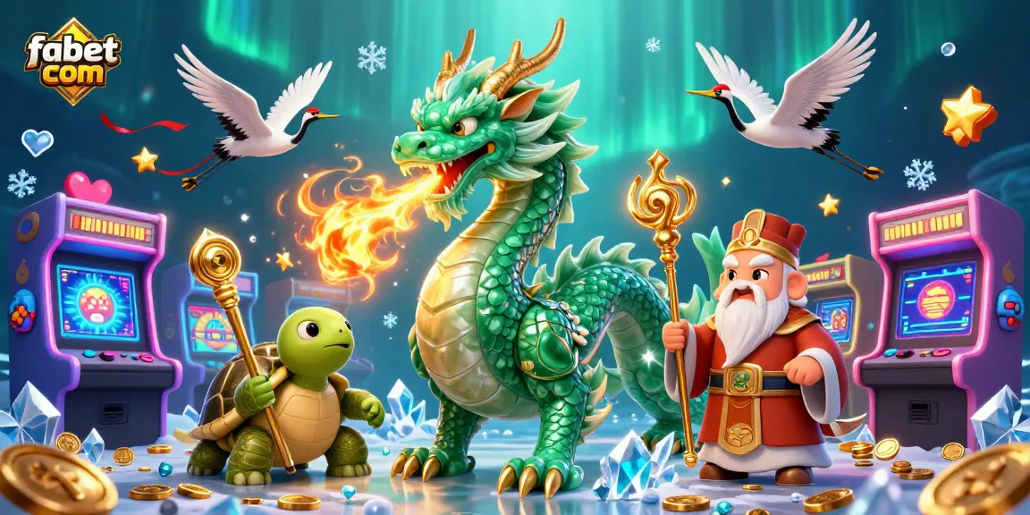 Engage with fabet com in a dynamic casino scene featuring a jade dragon and arcade games.