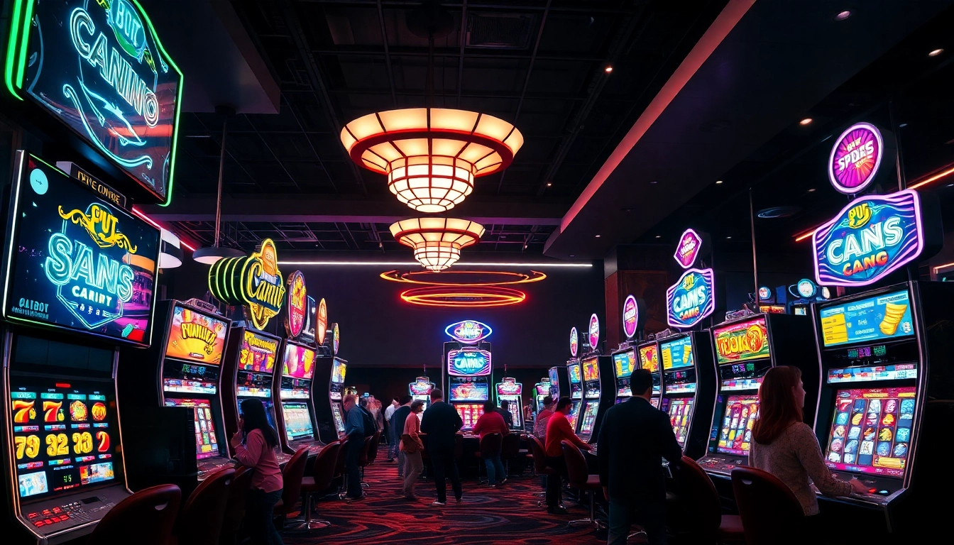 Menangkan Slot Dana dalam suasana kasino yang hidup dengan mesin slot berwarna cerah.