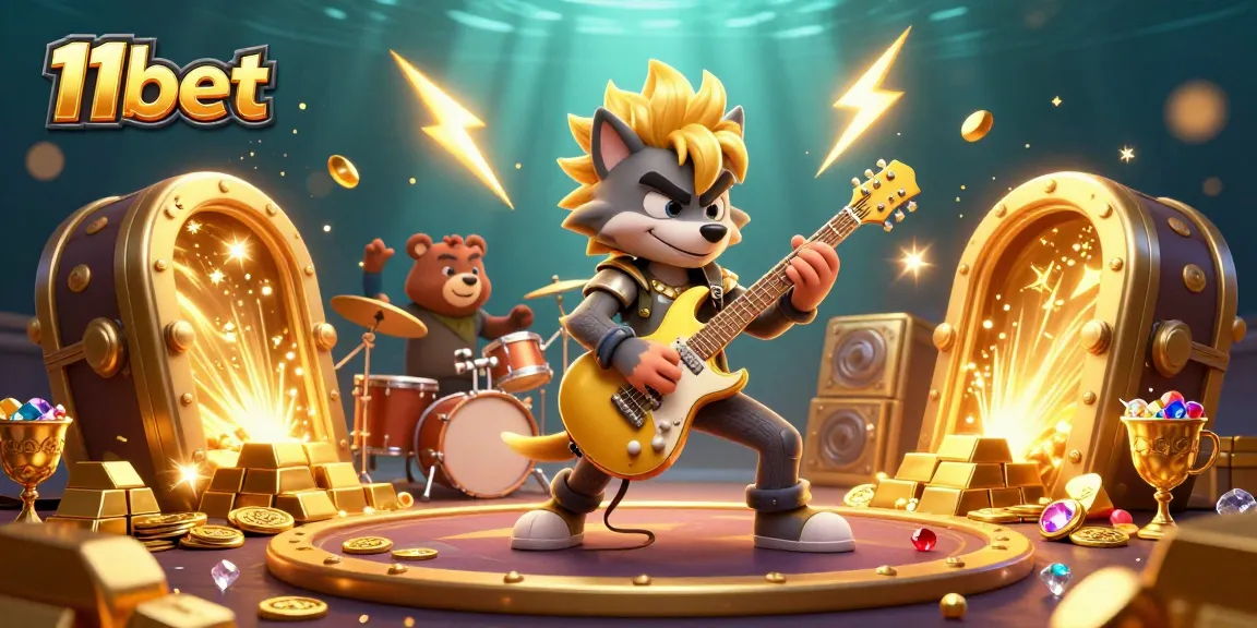 Experience the excitement of 11bet with vibrant 3D casino illustration showcasing characters and treasures.