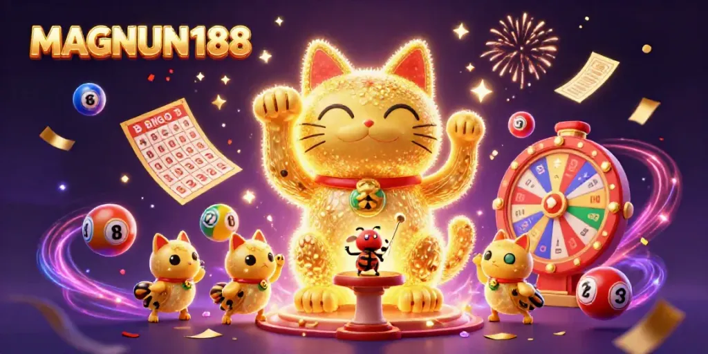 Experience MAGNUM188's enchanting online casino world with a stunning lucky cat illustration amidst vibrant game elements.