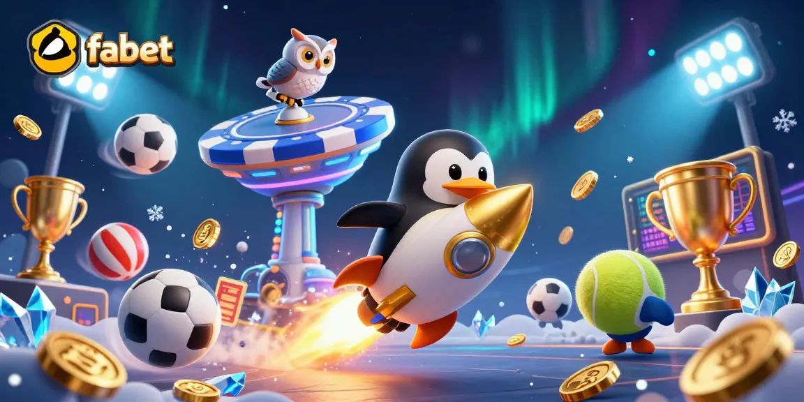 Experience fabet's thrilling casino adventure with a golden penguin and dynamic sports elements in a vibrant 3D scene.