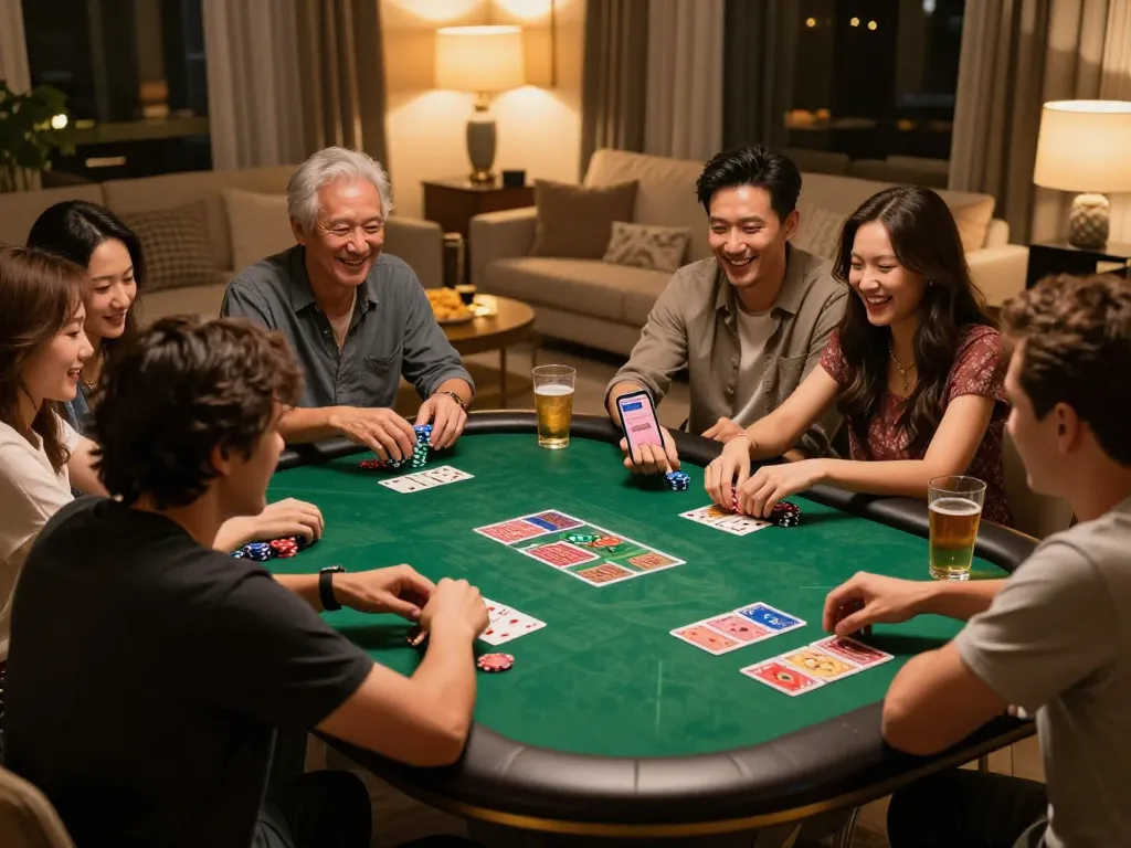 Engaged players enjoying Link vào chơi MM88 during a lively home poker night with cards and snacks.
