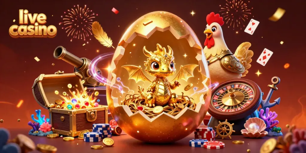 Engage in a vibrant live casino scene showcasing a golden dragon amidst poker chips and dynamic gaming elements.
