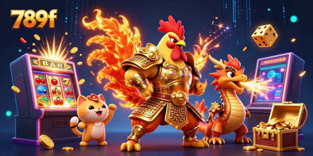 The powerful 789f fighting rooster warrior and armored dragon within an explosive casino scene.