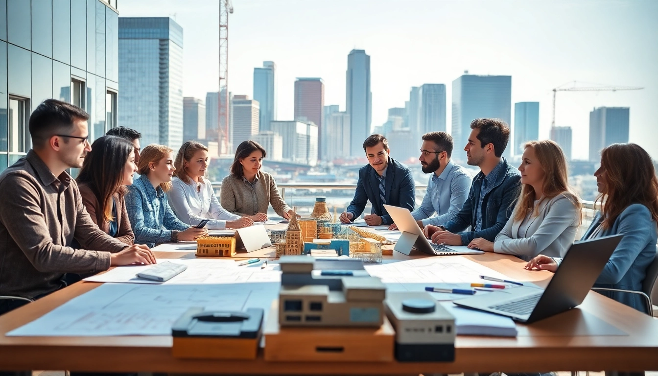 Showcasing construction advocacy, diverse professionals discuss urban development.