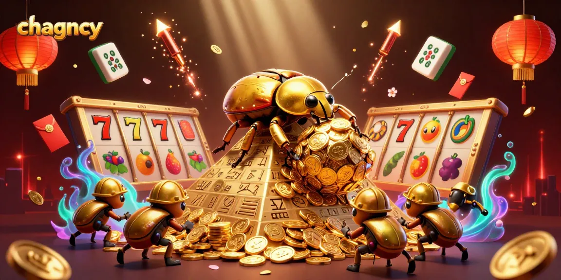 Experience the thrill of slots with chagency in this vibrant 3D casino illustration showcasing golden beetles and slot reels.