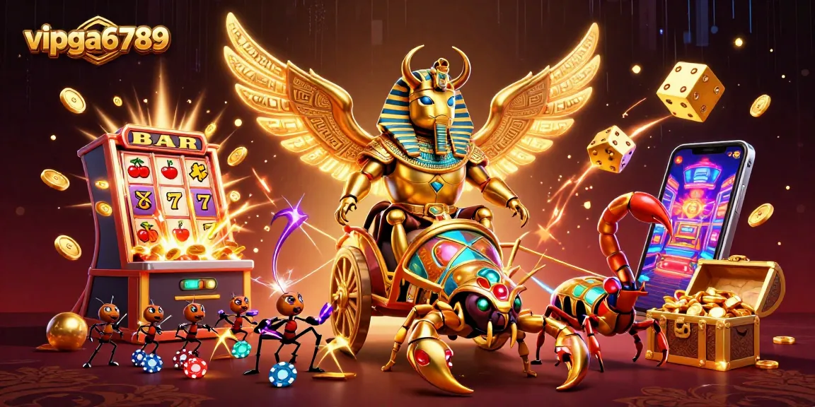 Bet on vipga6789 with exciting gaming action featuring a vibrant 3D scene of a scarab beetle and slot machines.