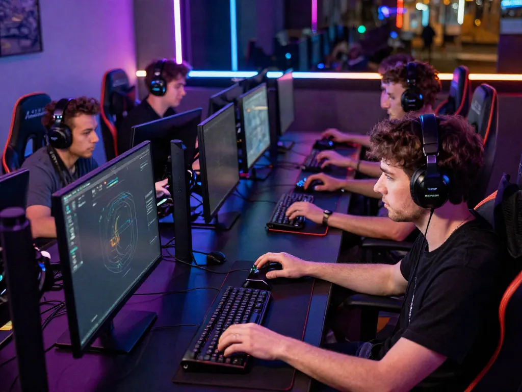 Gamers enjoying an exciting game at Manclub with high-tech equipment and vibrant atmosphere.