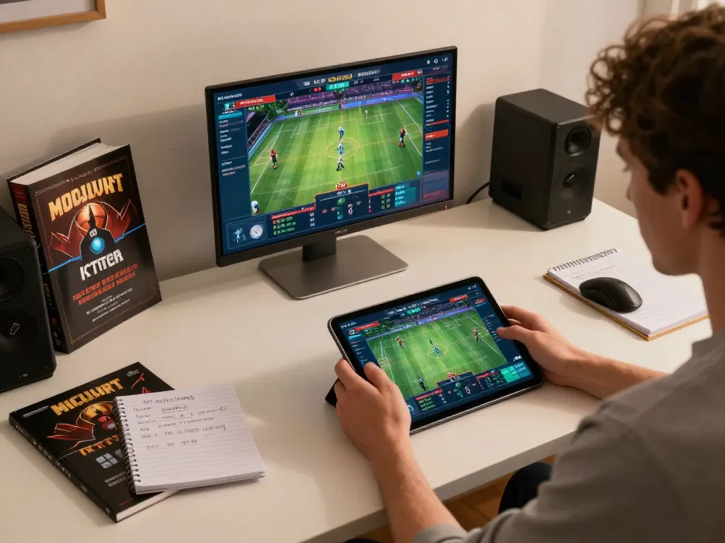 Kuwin user intensely strategizing sports bets from home setup with tablets and notes