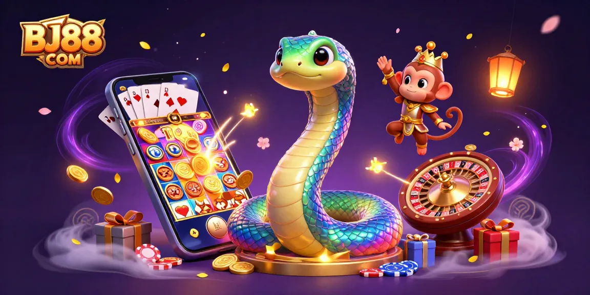 BJ88 COM showcases an exciting casino scene with a colorful serpent and monkey king amidst dynamic gaming elements.