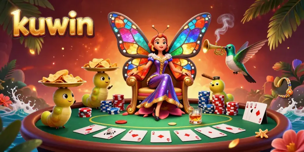 Kuwin inspirations shine as the butterfly queen presides over a vibrant casino scene with poker elements.