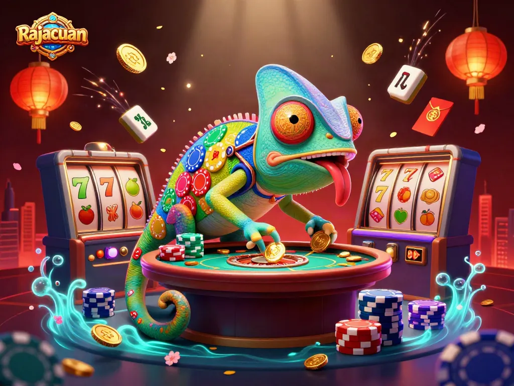 Experience Rajacuan's dynamic casino atmosphere with a vibrant chameleon owner and engaging gaming elements.