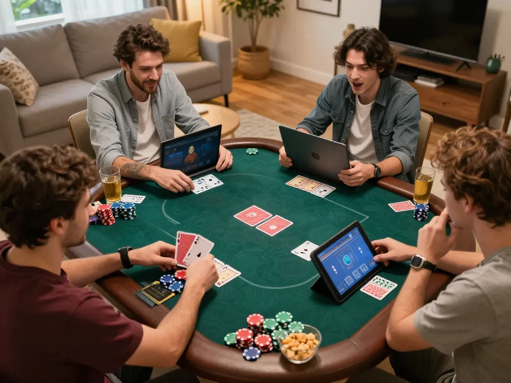 Join the excitement of playing online poker at home with gg88 com, players engaged with cards and chips.