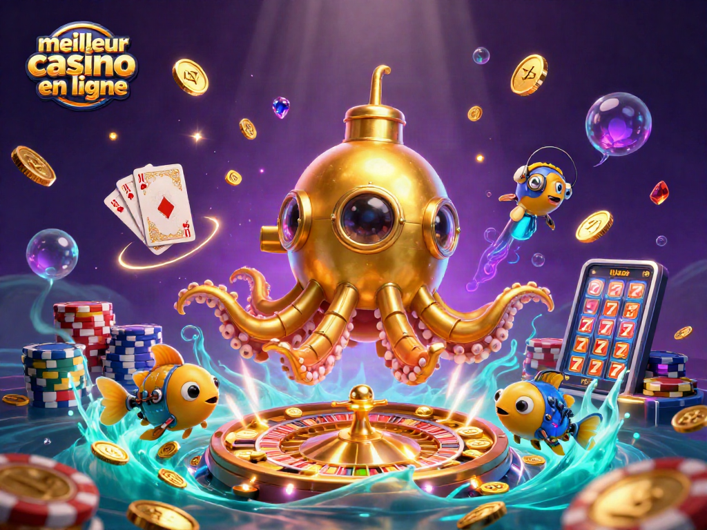 Illustration d'un kraken doré et des machines à sous, meilleur casino en ligne pour gagner gros.