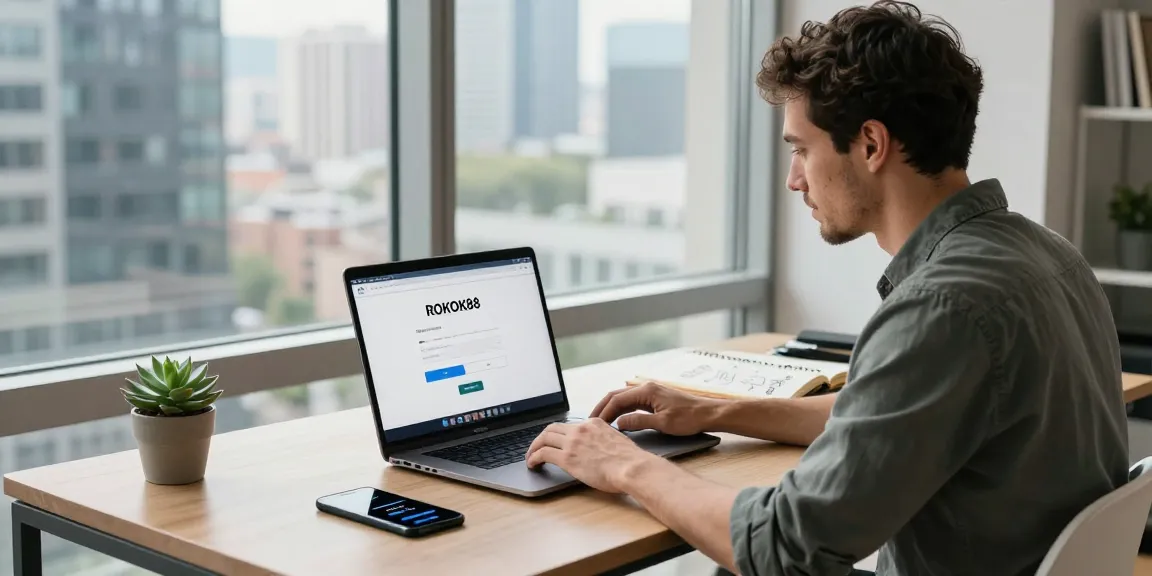 Man using rokok88 login on laptop in stylish urban apartment, vibrant ambiance, modern workspace elements.