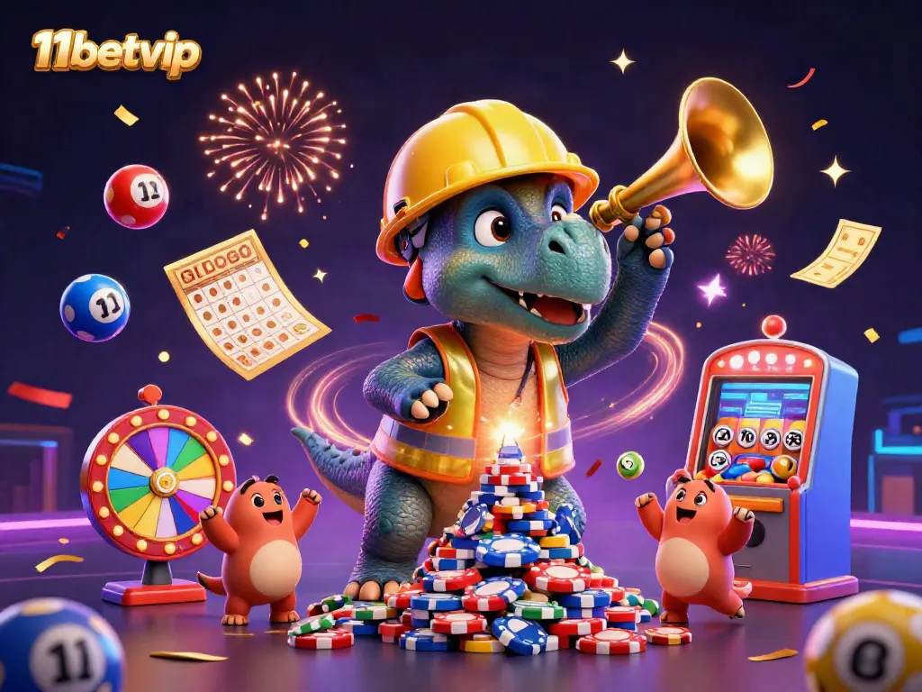 Experience 11betvip's vibrant casino energy with colorful elements and celebratory characters.