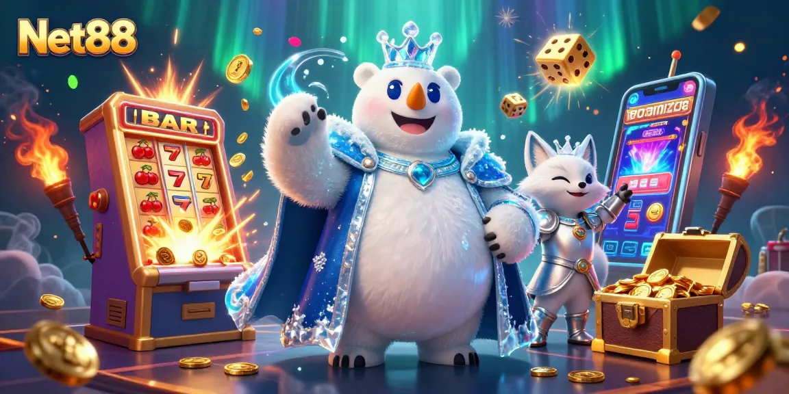 Experience thrilling gaming at Net88 with a cartoon ice king polar bear and a snow fox amidst dazzling bonuses.