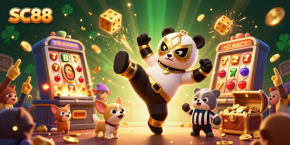 Experience the thrilling entertainment of SC88 with a dynamic scene featuring a cartoon panda wrestler and lively gambling elements.