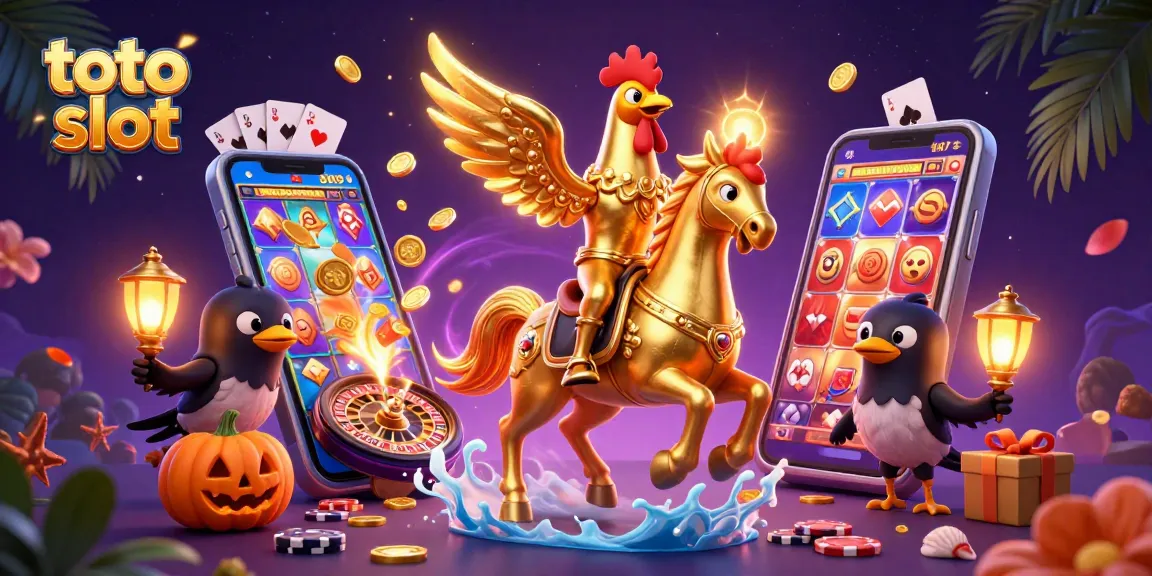 Play the thrilling toto slot with golden rooster and friends in a magical casino scene.