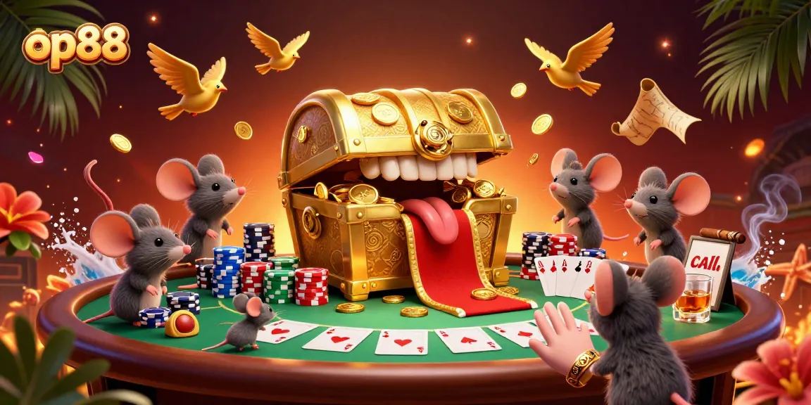 Experience the thrill of op88's gaming world with a treasure chest and poker excitement.