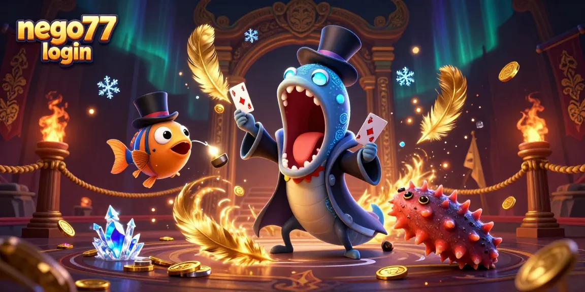 Join the action with nego77 login, featuring a bioluminescent eel and anglerfish in a dazzling casino scene.