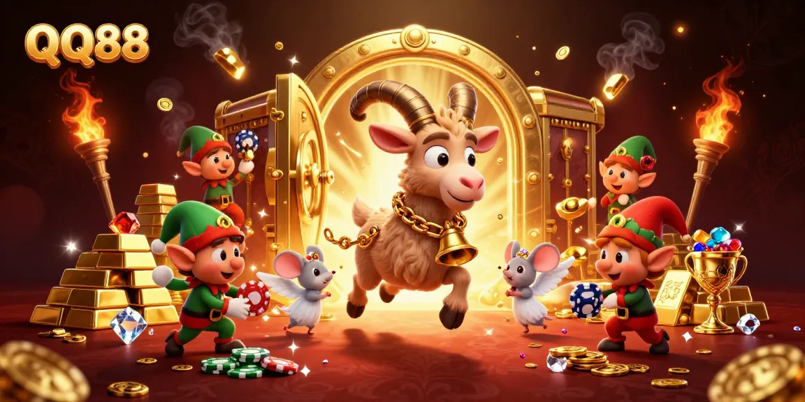 Bet big with QQ88 in a dynamic casino scene showcasing a Krampus goat!