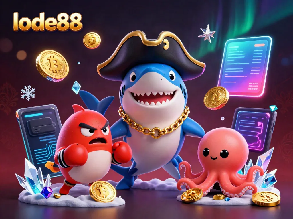 Engage with lode88 as a vibrant scene unfolds featuring a pirate shark, pufferfish, and octopus among neon crypto coins.