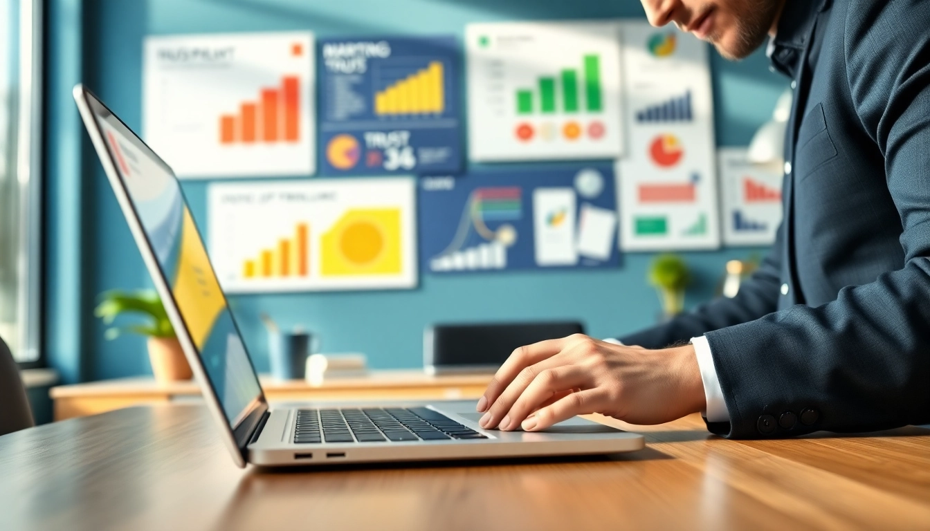 Crafting a hubspot marketing email on a laptop surrounded by marketing visuals.