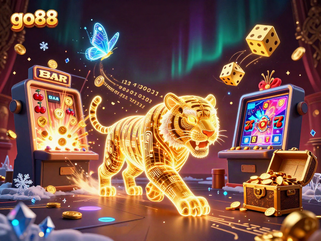 Spin the reels on go88's vibrant casino adventure featuring a golden tiger and holographic elements.